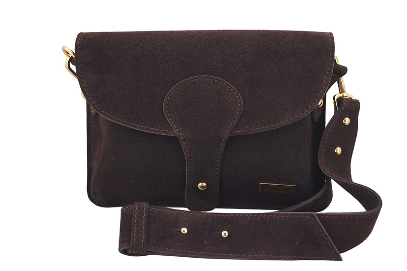 Zamszowa listonoszka na szerokim pasku - Brązowa ciemna