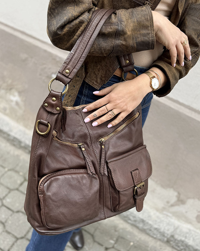 Torebka skórzana na ramię pockets old pelle lavata - MARCO MAZZINI brąz