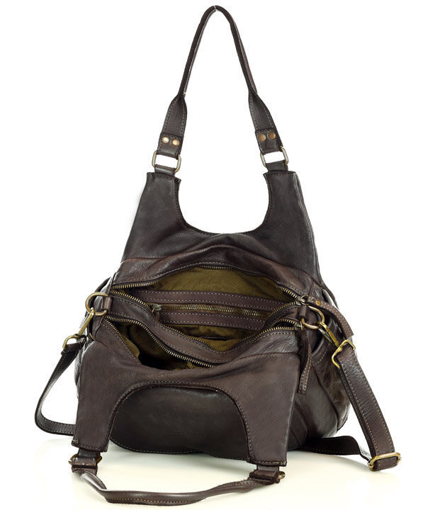 Włoska torebka skórzana z kieszenią z przodu retro bag handmade - MARCO MAZZINI ciemny brąz caffe