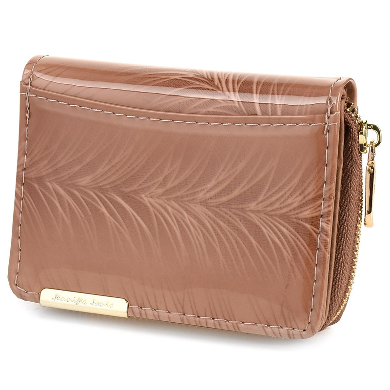 Skórzany portfel damski poziomy mały lakierowany beżowy w piórka 897