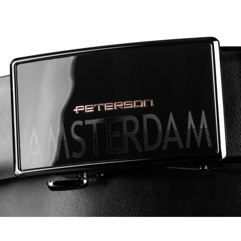 Czarny, elegancki pasek męski ze skóry naturalnej z automatyczną klamrą - Peterson