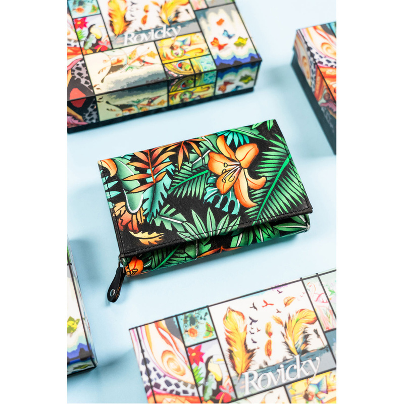 Rovicky Pojemny skórzany portfel damski na zatrzask roślinny wzór