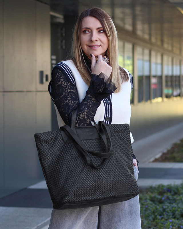 Torba damska pleciona shopper & shoulder leather bag - MARCO MAZZINI czarna