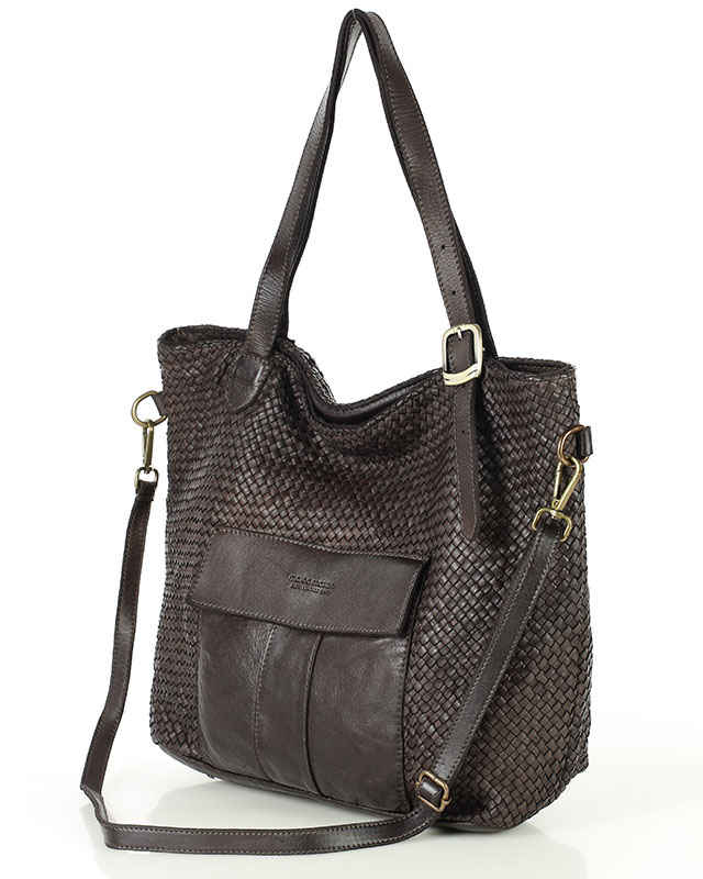 Duża torebka pleciona na ramię shopperka skórzana - MARCO MAZZINI ciemny brąz