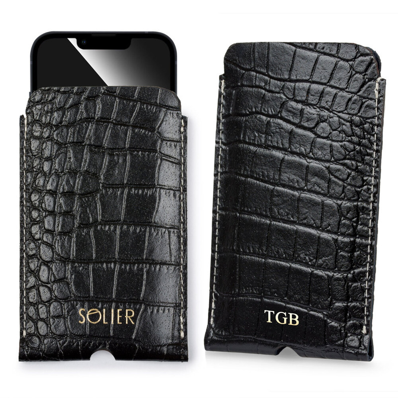 Personalizowane skórzane etui na IPhone 12/13/14 Solier SA57 czarny wąż