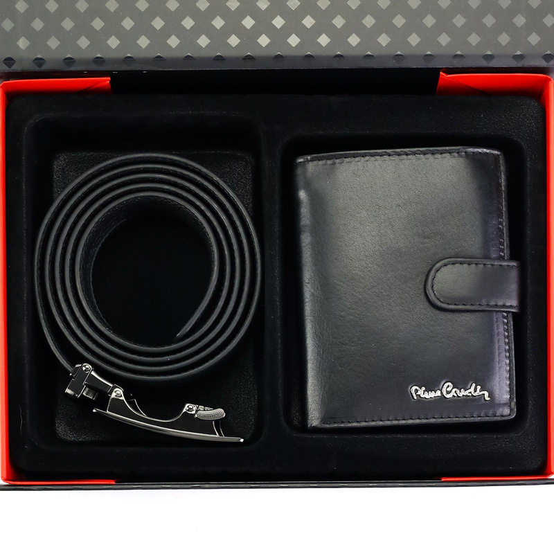 Pierre Cardin skórzany pionowy portfel i pasek do spodni męski zestaw