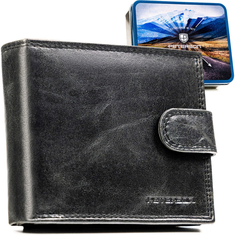 Skórzany portfel męski w czarnym kolorze, wyposażony w system RFID i zamykany zatrzaskiem - Peterson