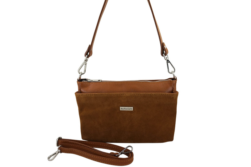 Pojemna torebka listonoszka ze skóry i zamszu - Brązowa jasna