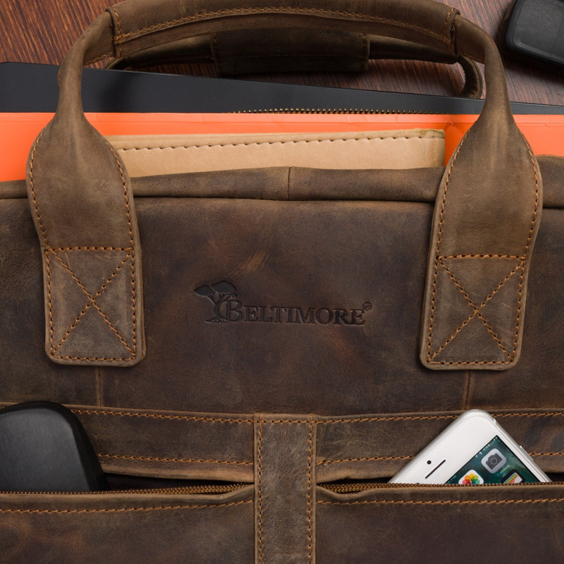 Duża solidna skórzana torba Beltimore na laptopa dokumenty brązowa nubuk M87