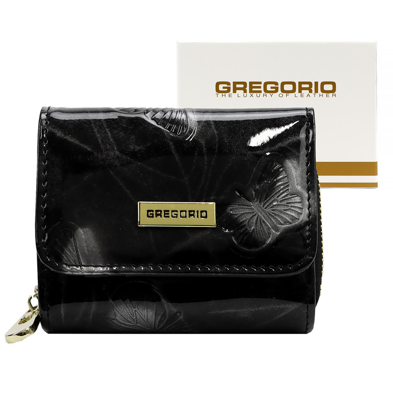 Gregorio mały portfel damski skóra naturalna lakierowana portmonetka motyle