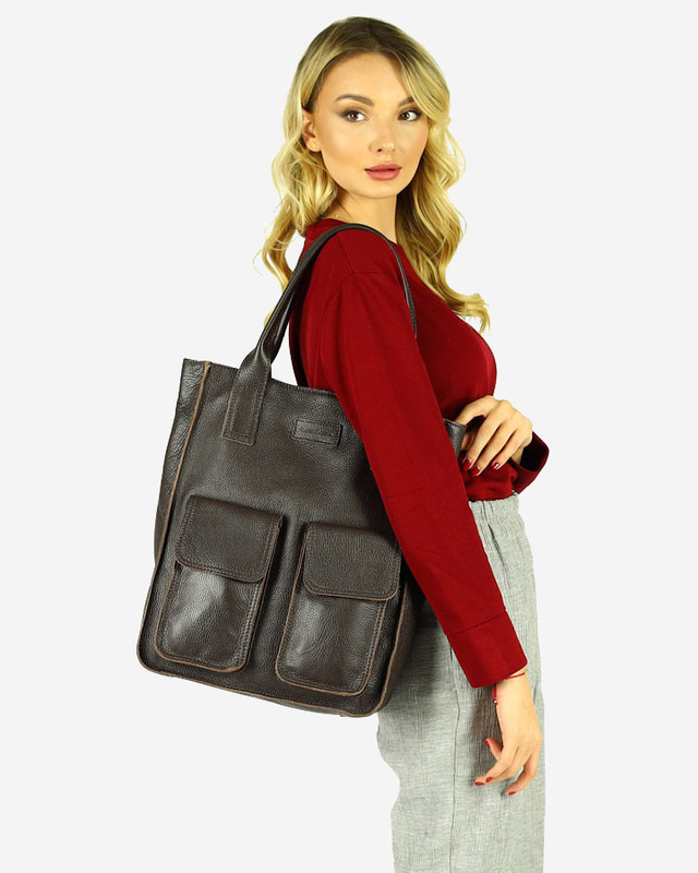 Torebka skórzany shopper bag z kieszeniami - MARCO MAZZINI Ravenna ciemny brąz caffe