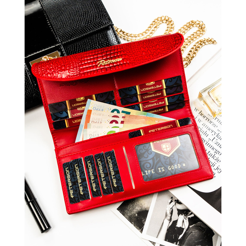 Poziomy portfel damski ze skóry ekologicznej w czerwonym kolorze z tłoczeniem na wzór skóry krokodyla - Peterson
