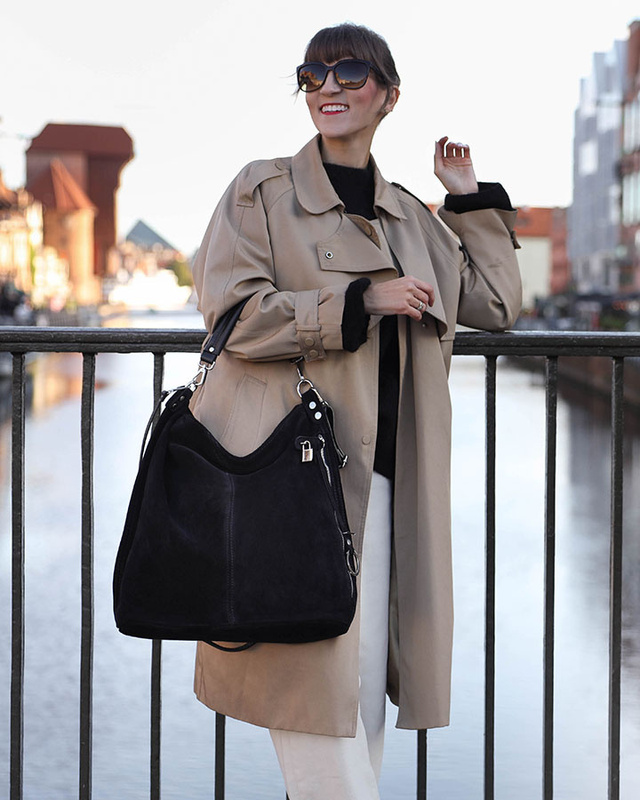 Torebka skórzana ponadczasowy design worek na ramię XL hobo leather bag - MARCO MAZZINI nubuk czarny