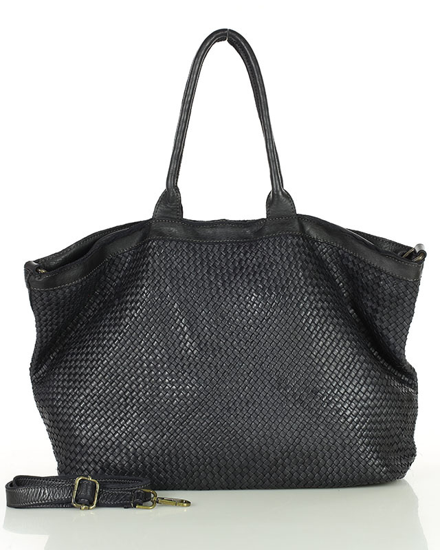 Duża torba shopper z plecionej skóry naturalnej - MARCO MAZZINI czarna