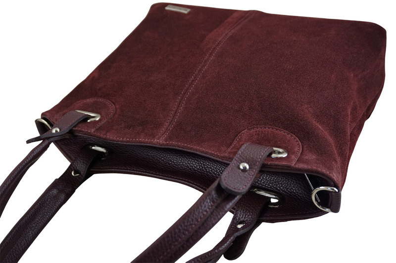 Duża elegancka torebka z naturalnej skóry i zamszu - Bordowa