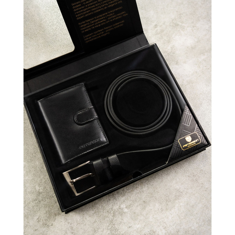 Zestaw prezentowy: skórzany, pionowy portfel męski w czarnym kolorze z systemem RFID i pasek ze skóry ekologicznej - Peterson