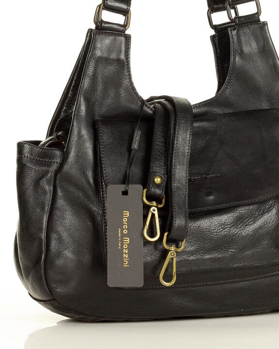 Włoska torebka skórzana z kieszenią z przodu retro bag handmade - MARCO MAZZINI czarny