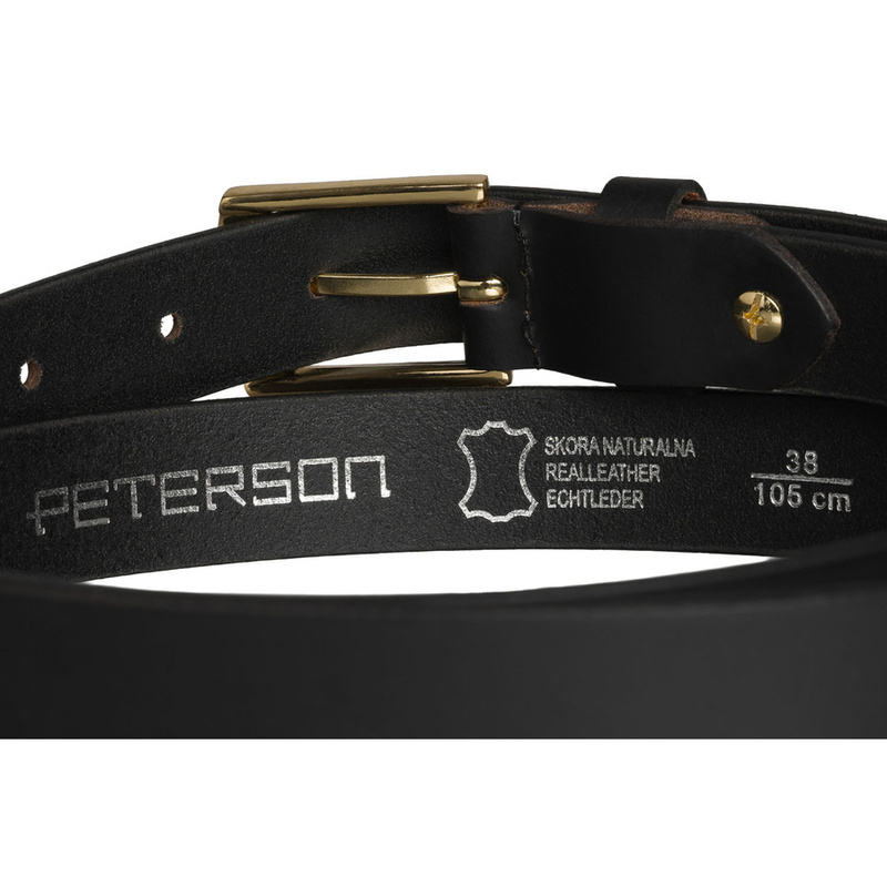 Skórzany pasek damski w czarnym kolorze ze złotą, klasyczną klamrą - Peterson