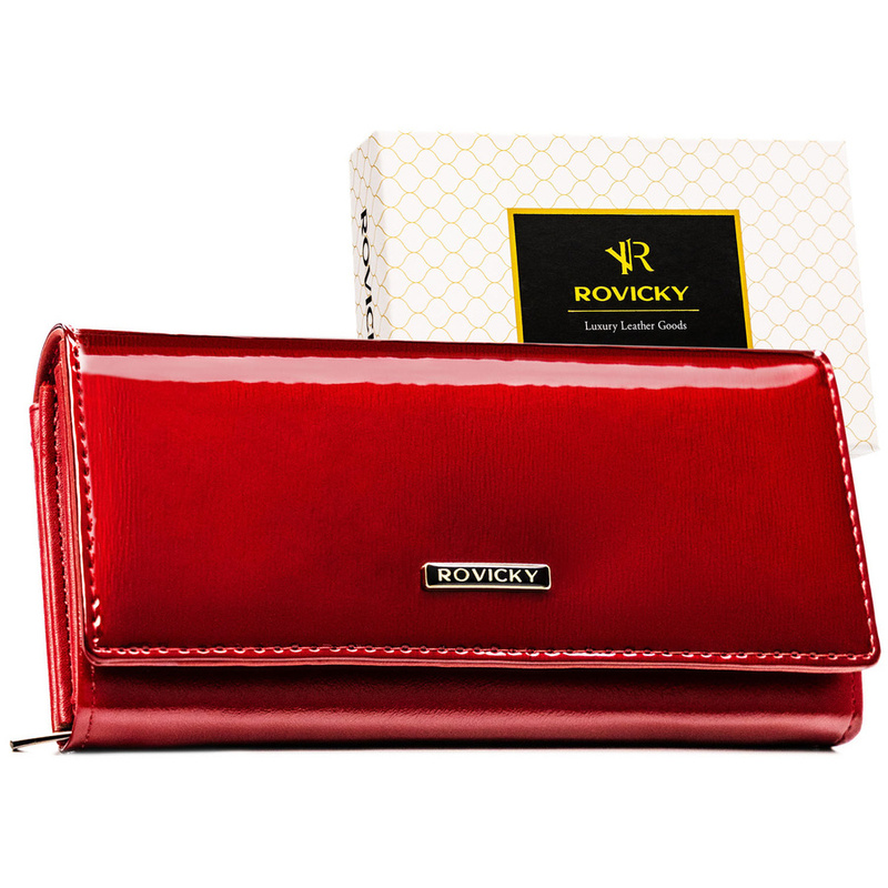 Duży, czerwony portfel damski ze skóry naturalnej i ekologicznej wyposażony w system RFID - Rovicky