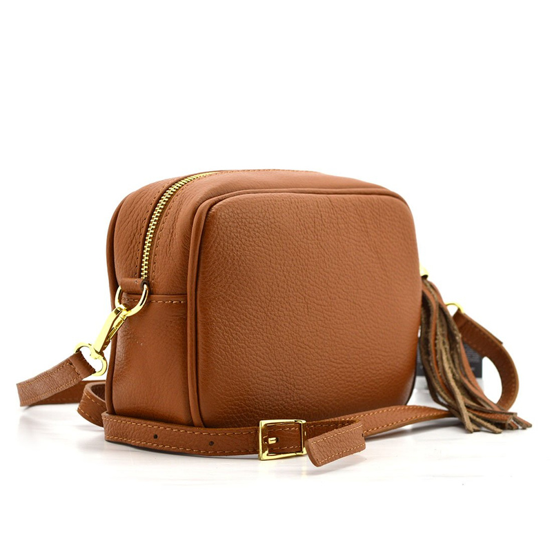 Camel mała damska listonoszka z frędzlem przewieszka z włoskiej naturalnej skóry licowej P14