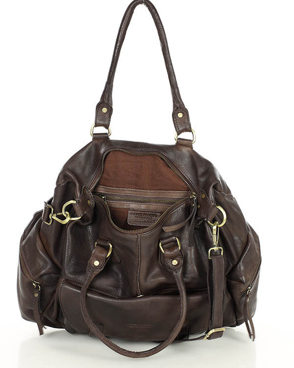 Pojemna torba damska na ramię z kieszeniami skóra naturalna - MARCO MAZZINI ciemny brąz caffe