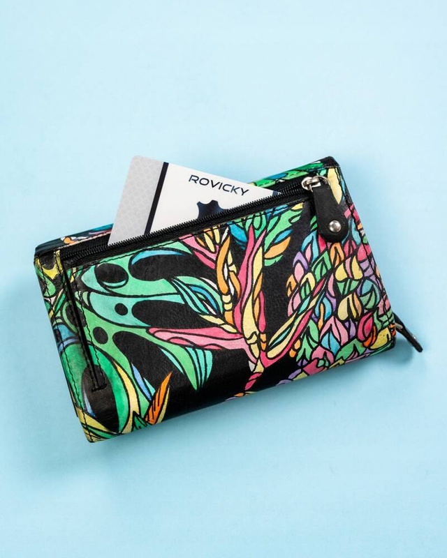 Rovicky Pojemny skórzany portfel damski na zatrzask roślinny wzór