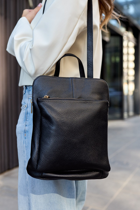 Skórzany plecak damski torba 2w1 elegancki A4 włoski pojemny czarny Vera Pelle S40