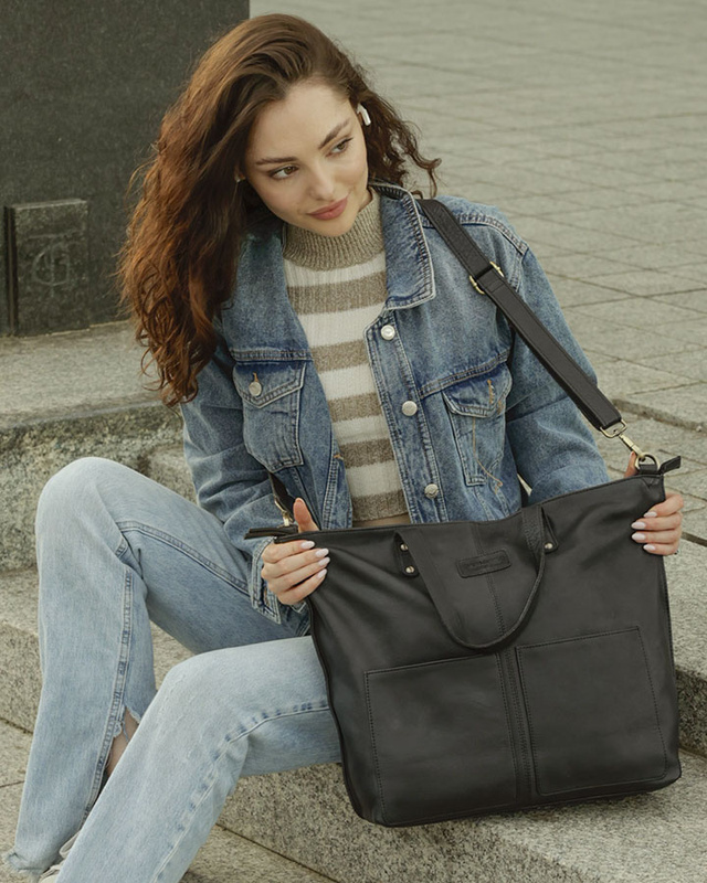 Torebka skórzana czarna duża typu shopper  - MARCO MAZZINI