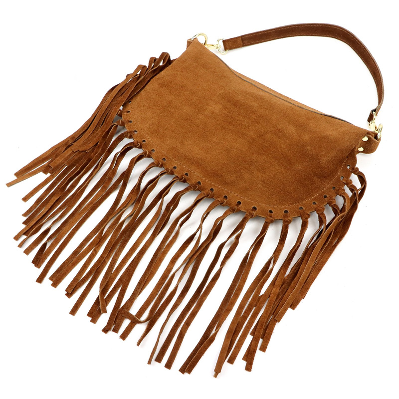 Luka Zamszowa damska listonoszka skórzana z frędzlami torebka na ramię