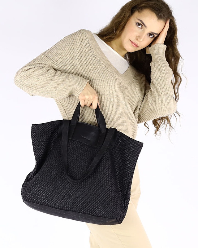 Torba damska pleciona shopper & shoulder leather bag - MARCO MAZZINI czarna