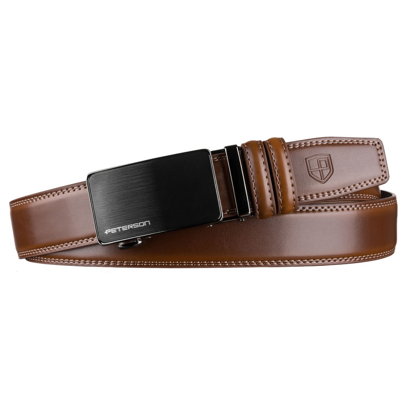 Pasek męski z automatyczną klamrą wykonany ze skóry naturalnej w brązowym kolorze - Peterson