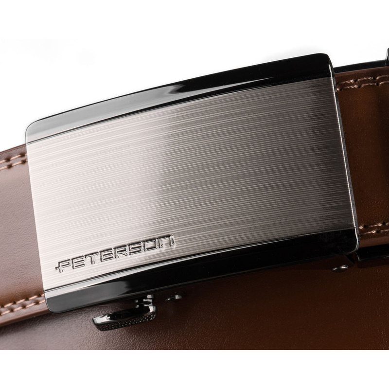 Brązowy pasek męski z automatyczną klamrą wykonany ze skóry naturalnej - Peterson