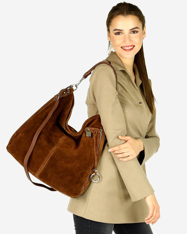 Torebka skórzana ponadczasowy design worek na ramię XL hobo leather bag - MARCO MAZZINI nubuk brąz migdałowy