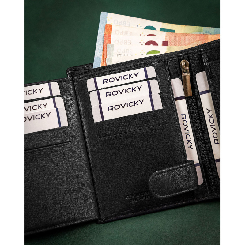 Duży, skórzany portfel męski w czarnym kolorze wyposażony w system RFID - Rovicky