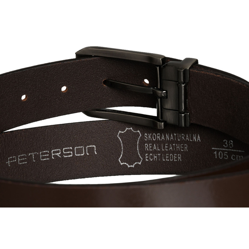 Skórzany, elegancki pasek męski w brązowym kolorze ze srebrną, klasyczną klamrą - Peterson