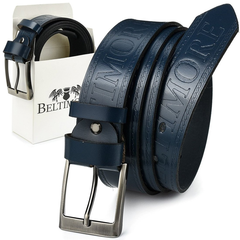 BELTIMORE pasek do spodni granatowy jeans skórzany pas skóra 527 : Kolory - granatowy, Rozmiar pasków - r.95-110 cm