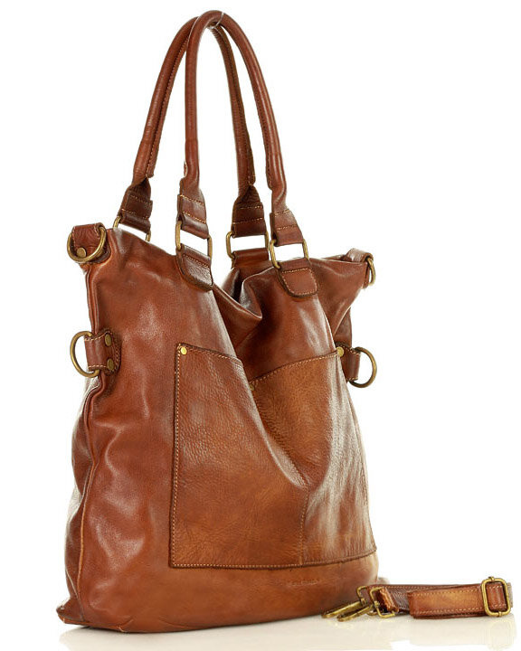Torebka skórzana XL shopper vintage bag z kieszeniami vera pelle - MARCO MAZZINI brąz migdałowy