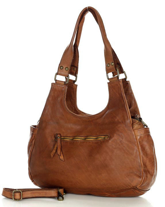 Włoska torebka skórzana z kieszenią z przodu retro bag handmade - MARCO MAZZINI czekoladowy brąz