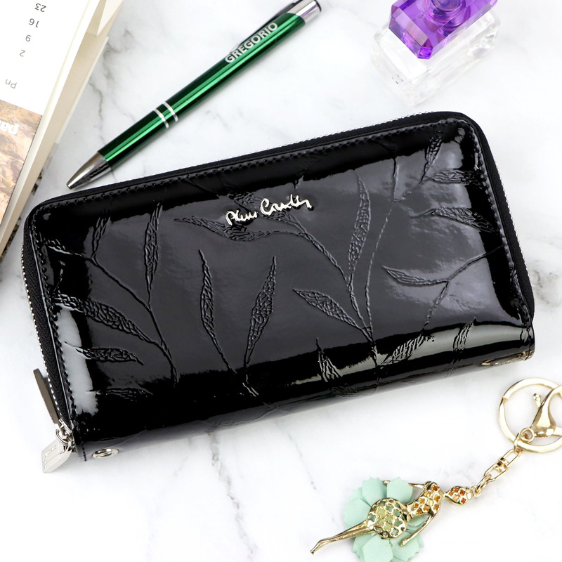 Pierre Cardin duży damski portfel skóra naturalna lakierowana roślinny wzór
