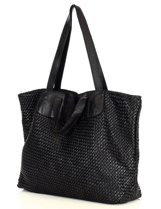 Torba damska pleciona shopper & shoulder leather bag - MARCO MAZZINI czarna