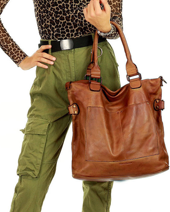 Torebka skórzana XL shopper vintage bag z kieszeniami vera pelle - MARCO MAZZINI brąz migdałowy
