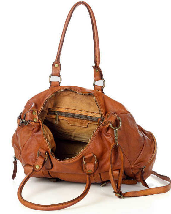 Pojemna torba damska na ramię z kieszeniami skóra naturalna - MARCO MAZZINI brąz camel