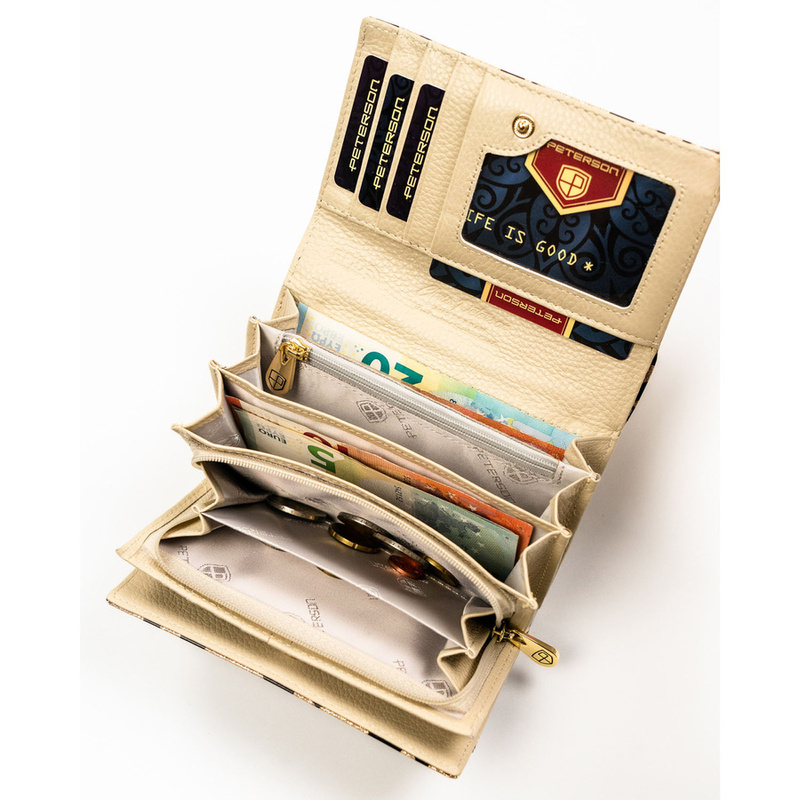 Portfel damski ze skóry ekologicznej i naturalnej w złotym kolorze z kieszenią zewnętrzną - Peterson