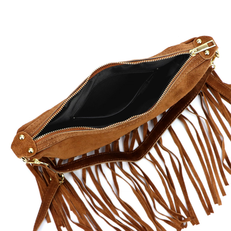 Luka Zamszowa damska listonoszka skórzana z frędzlami torebka na ramię