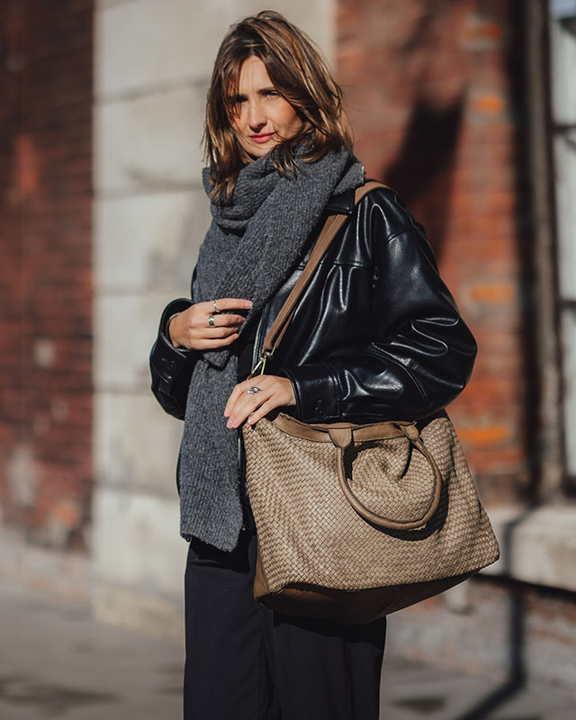 Duża torba shopper z plecionej skóry naturalnej - MARCO MAZZINI beżowa