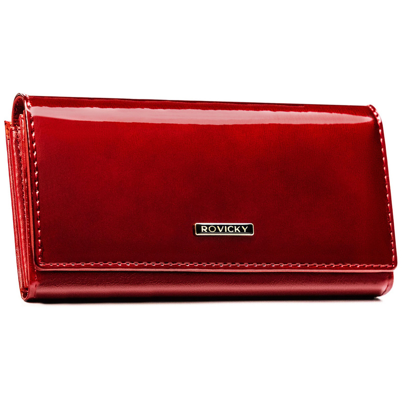 Portfel damski ze skóry naturalnej i ekologicznej w czerwonym kolorze, zamykany na zatrzask i bigiel - Rovicky