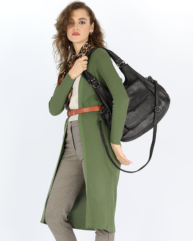 Włoska torebka skórzana z kieszenią z przodu retro bag handmade - MARCO MAZZINI czarny