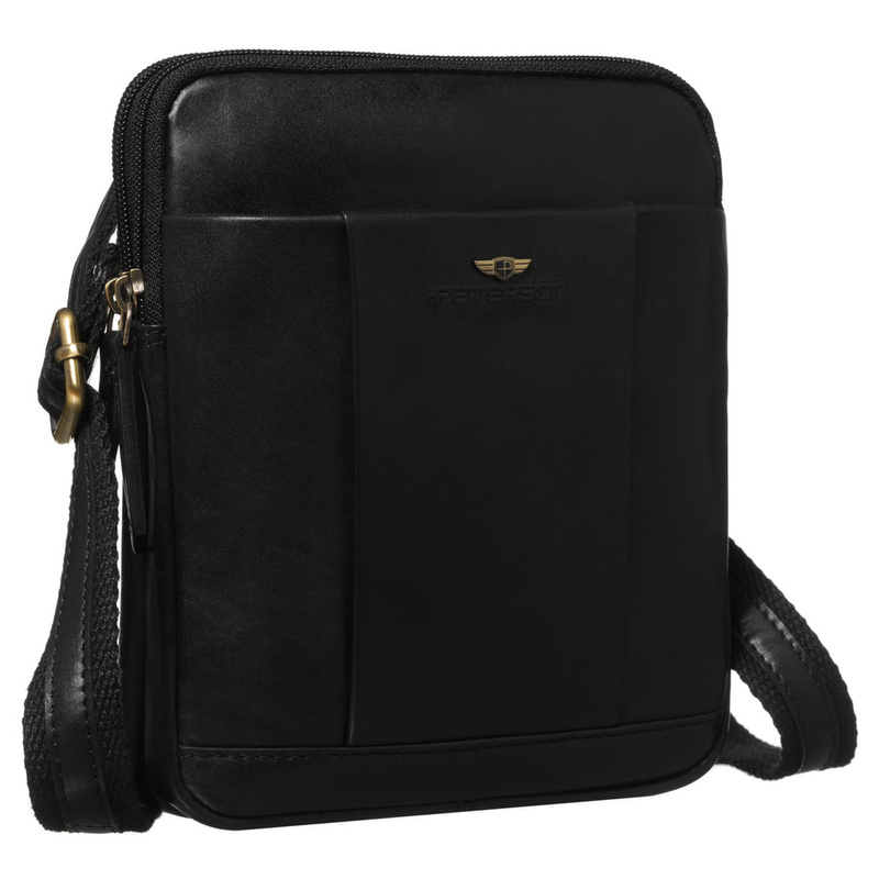 Dwukomorowa, czarna listonoszka męska ze skóry naturalnej zawieszona na regulowanym pasku - Peterson