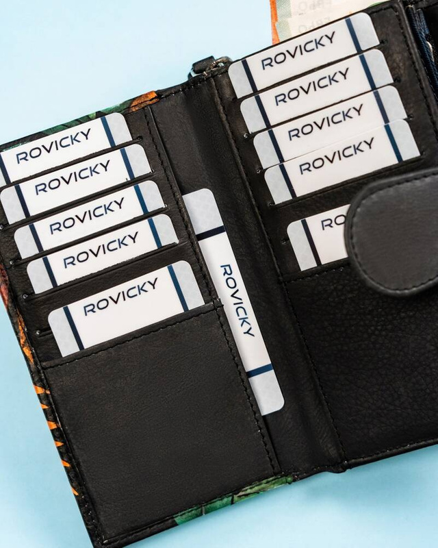 Rovicky Pojemny skórzany portfel damski na zatrzask roślinny wzór