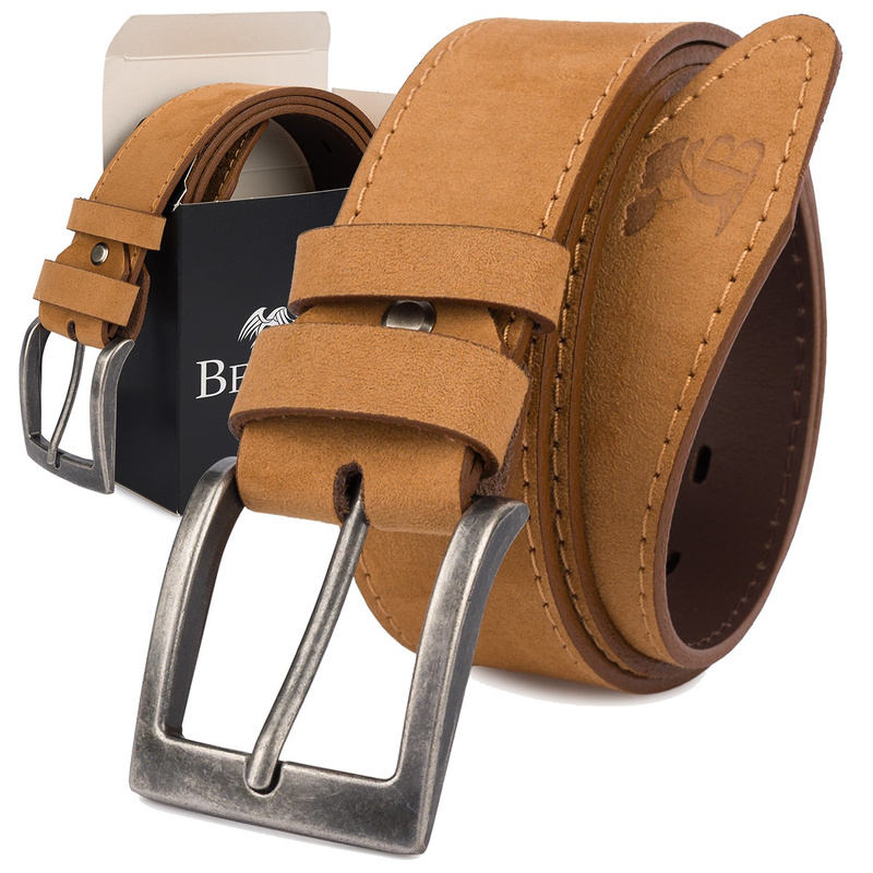 Pasek męski skórzany zamszowy skóra naturalna camel Beltimore W47 : Kolory - brązowy, beżowy, Rozmiar pasków - r.85-100 cm
